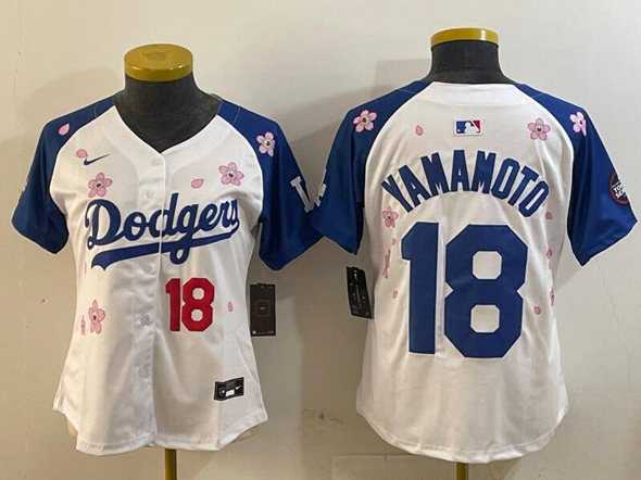 Women%27s Los Angeles Dodgers #18 Yoshinobu Yamamoto White Royal 2025 Tokyo Series Limited Stitched Jersey